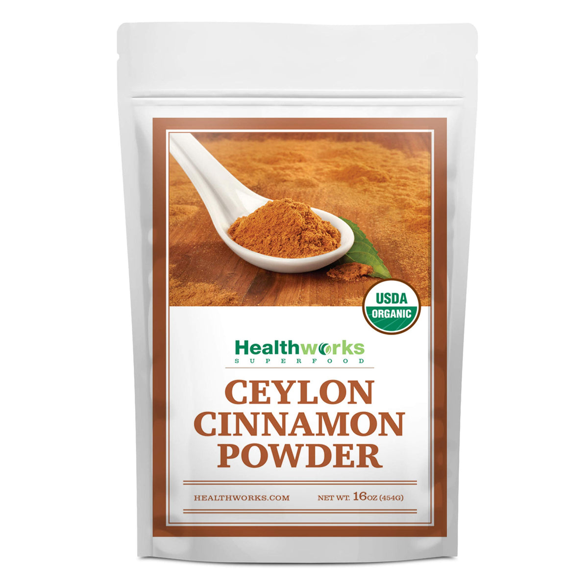 Healthworks Ceylon Cinnamon Powder jar close-up highlights premium aroma.