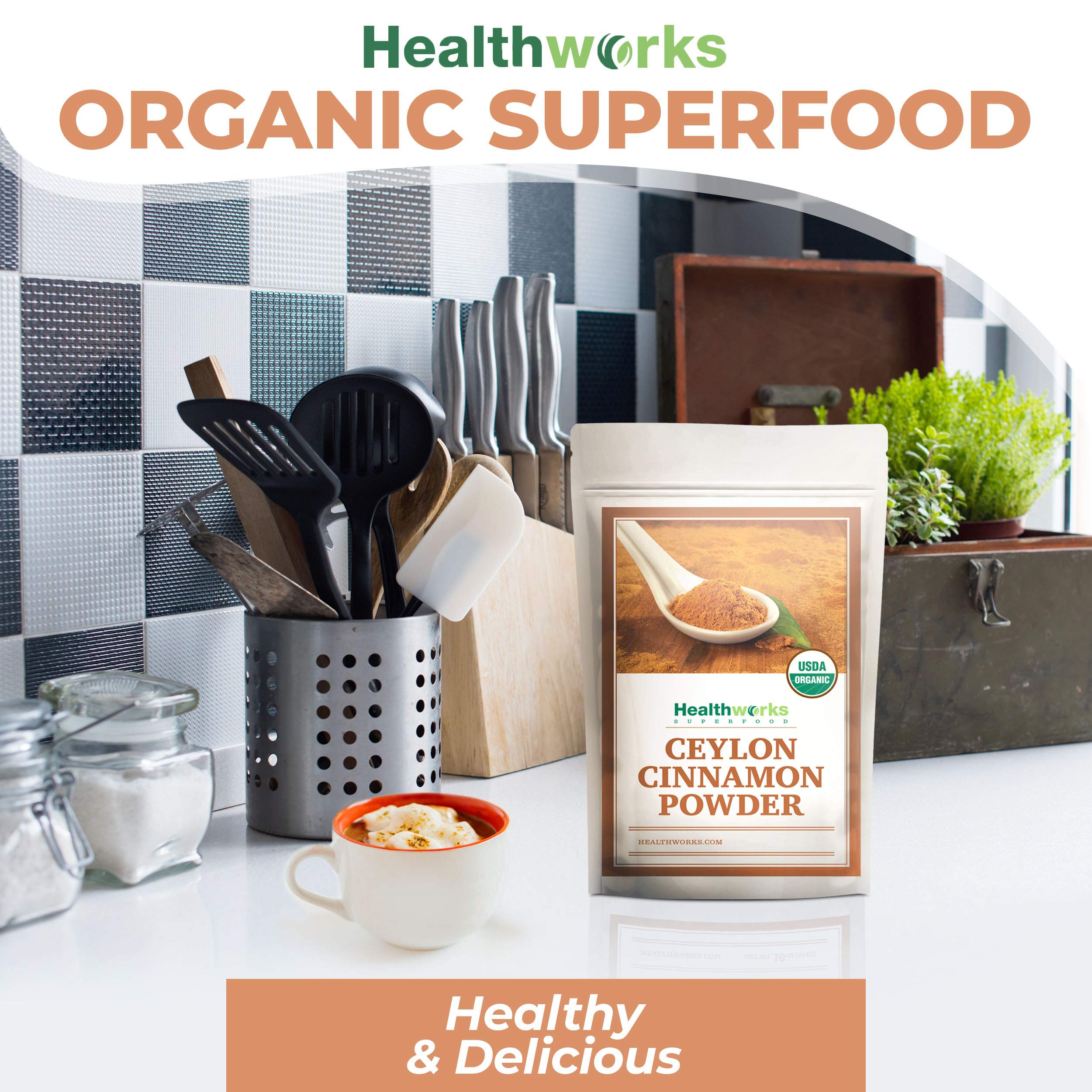 Healthworks Ceylon Cinnamon Powder organic label visible on jar.