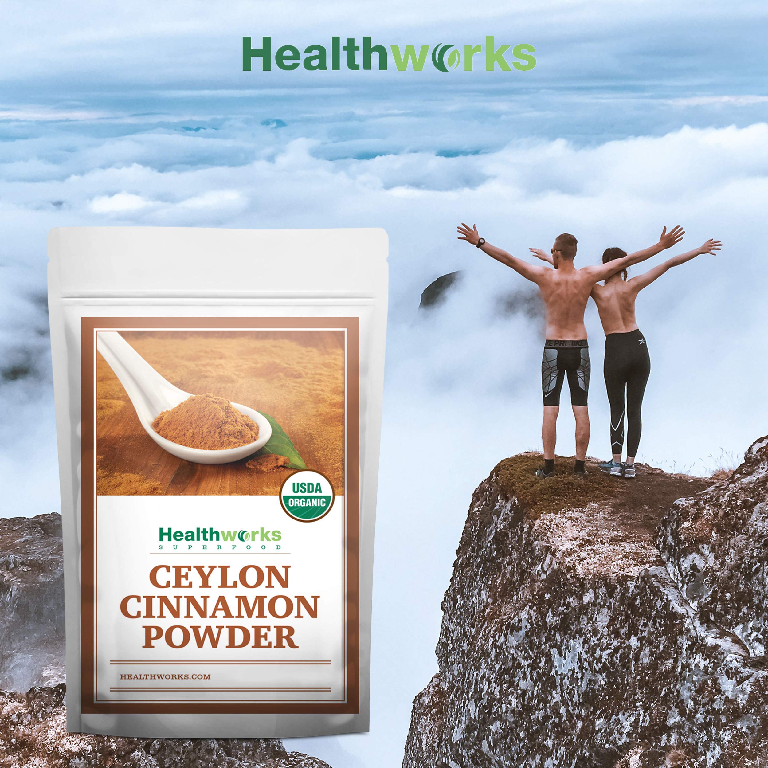 Healthworks Ceylon Cinnamon Powder from Sri Lanka origin on product shot.