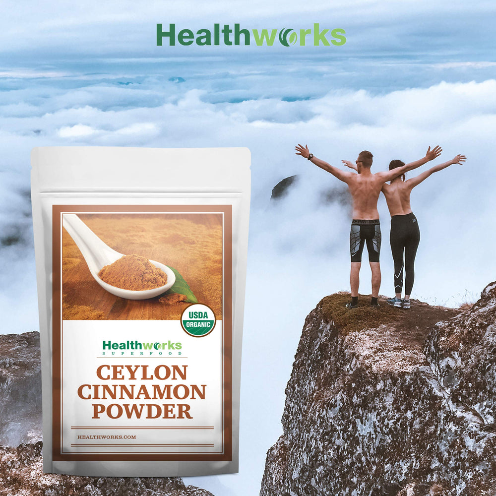 Healthworks Ceylon Cinnamon Powder from Sri Lanka origin on product shot.