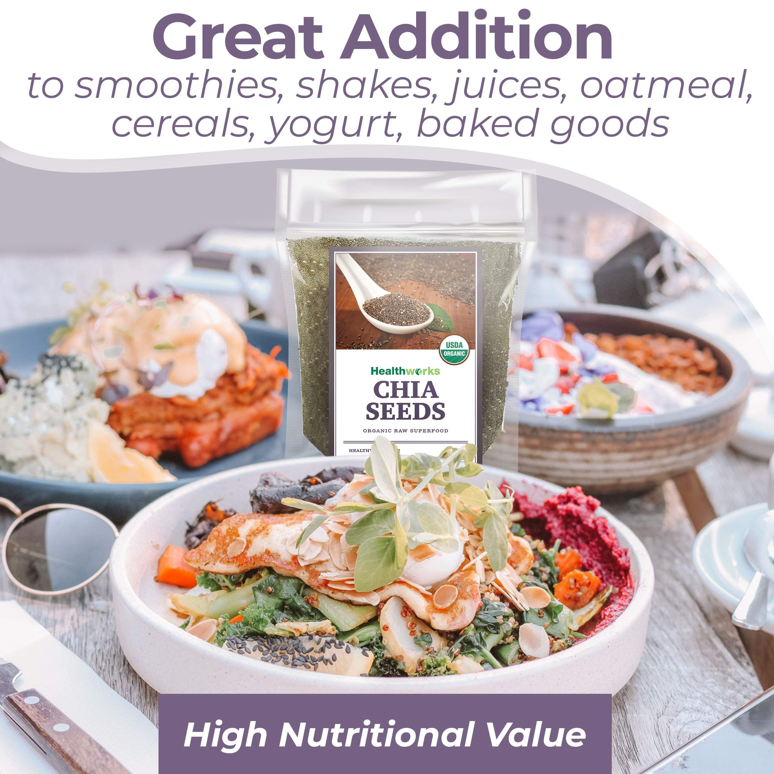 Healthworks chia seeds in a bowl with overnight oats for breakfast.