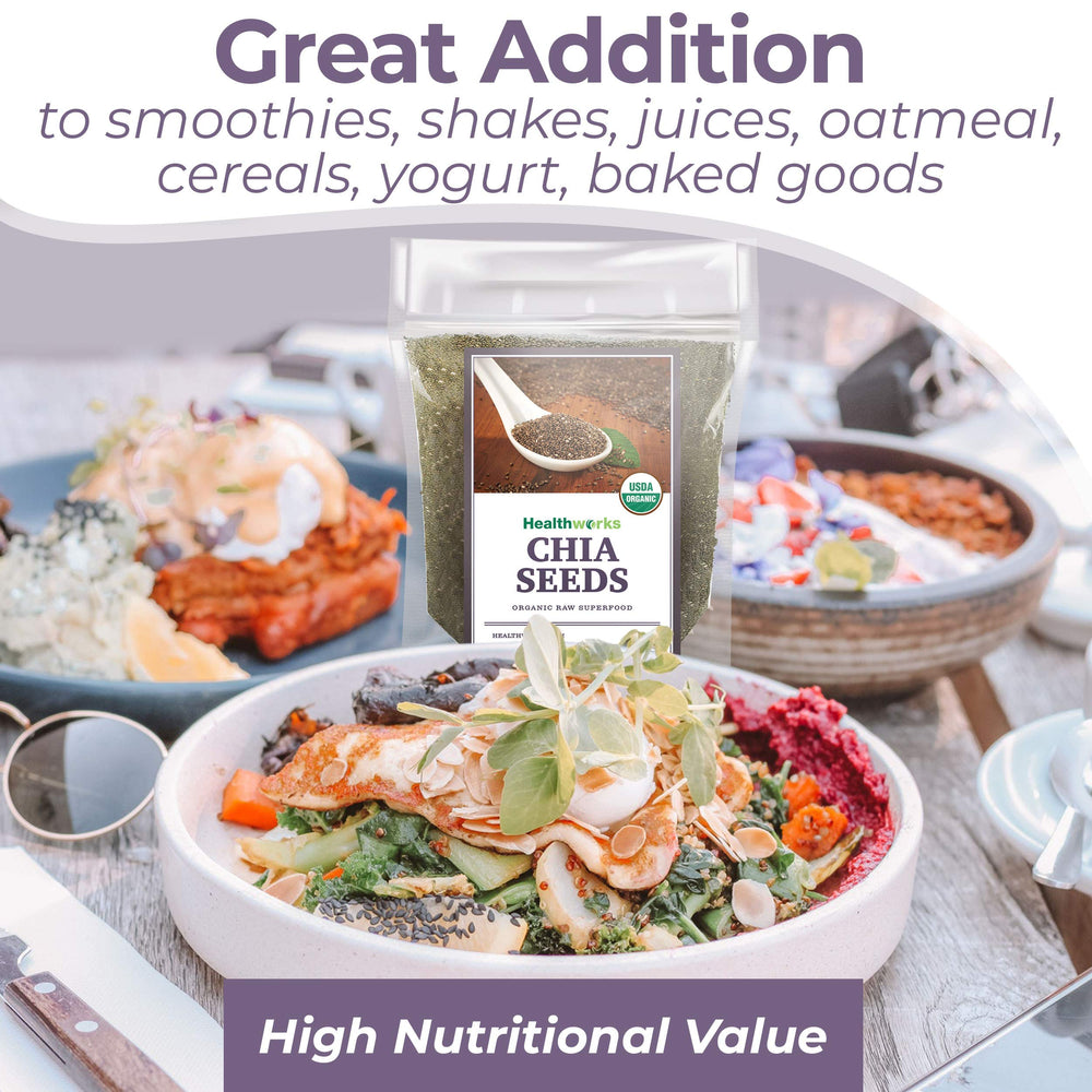 Healthworks chia seeds in a bowl with overnight oats for breakfast.