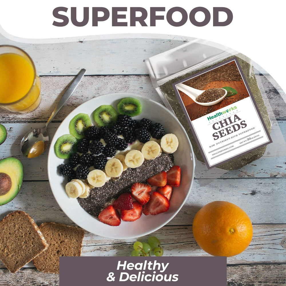 Healthworks chia seeds stored in a mason jar, sustainably sourced.