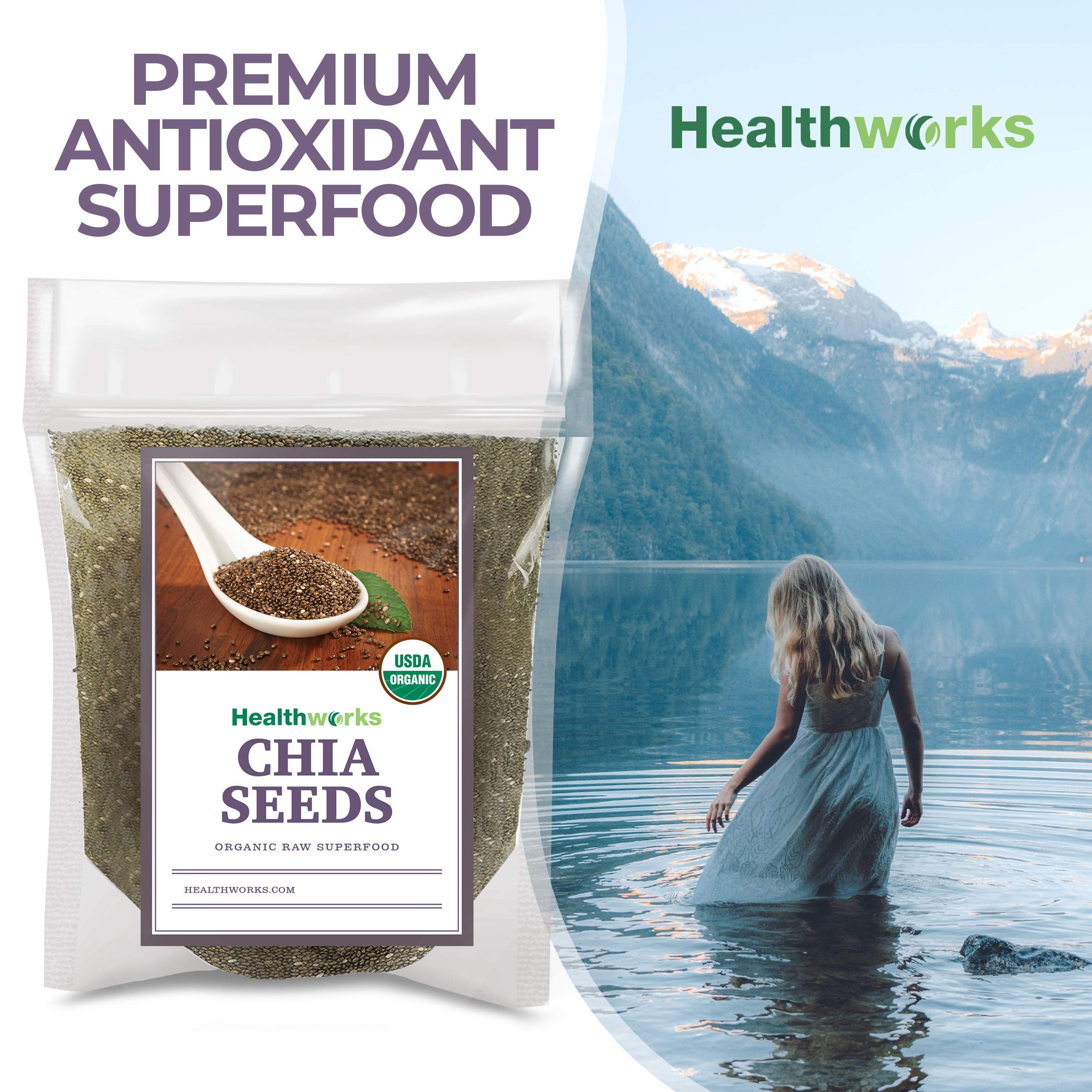 Healthworks chia seeds in a shaker, ready to blend into beverages.