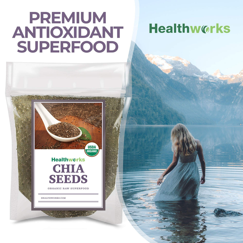 Healthworks chia seeds in a shaker, ready to blend into beverages.