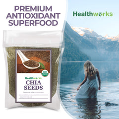 Healthworks chia seeds in a shaker, ready to blend into beverages.