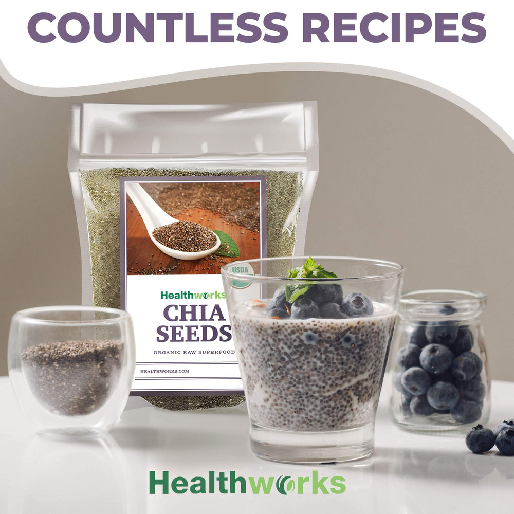 Healthworks chia seeds in a smoothie glass, showcasing omega-3 benefits.