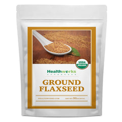 Healthworks Flax Seed Organic 32oz bottle shown, adds fiber and omega-3 to meals.