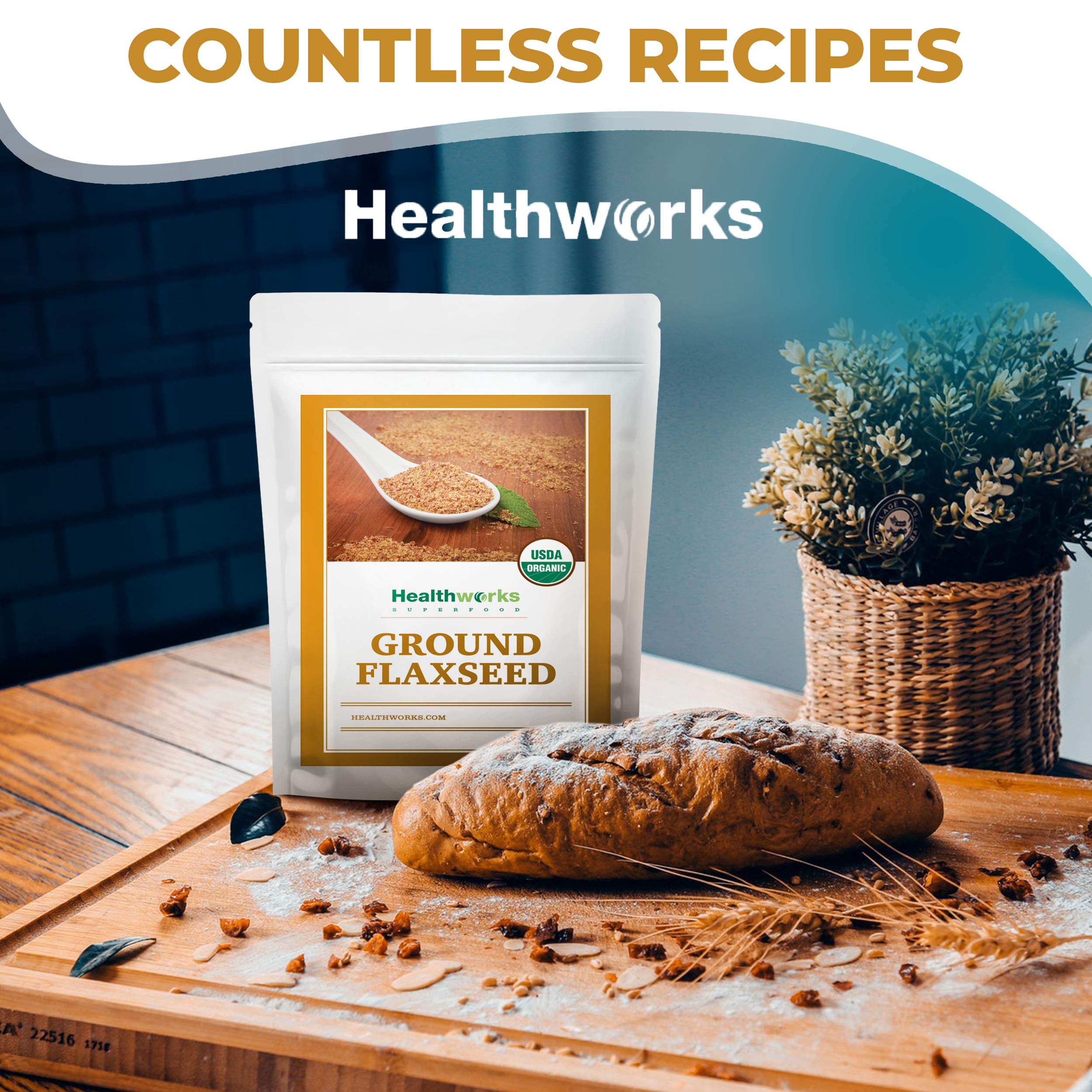 Healthworks Flax Seed Organic kitchen scene highlights easy daily wellness habit.