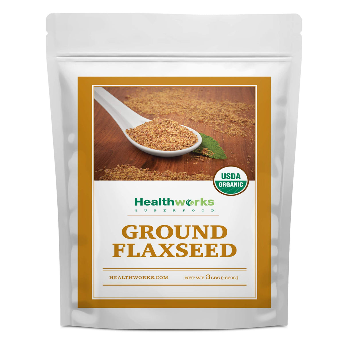Healthworks Flax Seed Organic Powder in bag close-up for pantry storage.