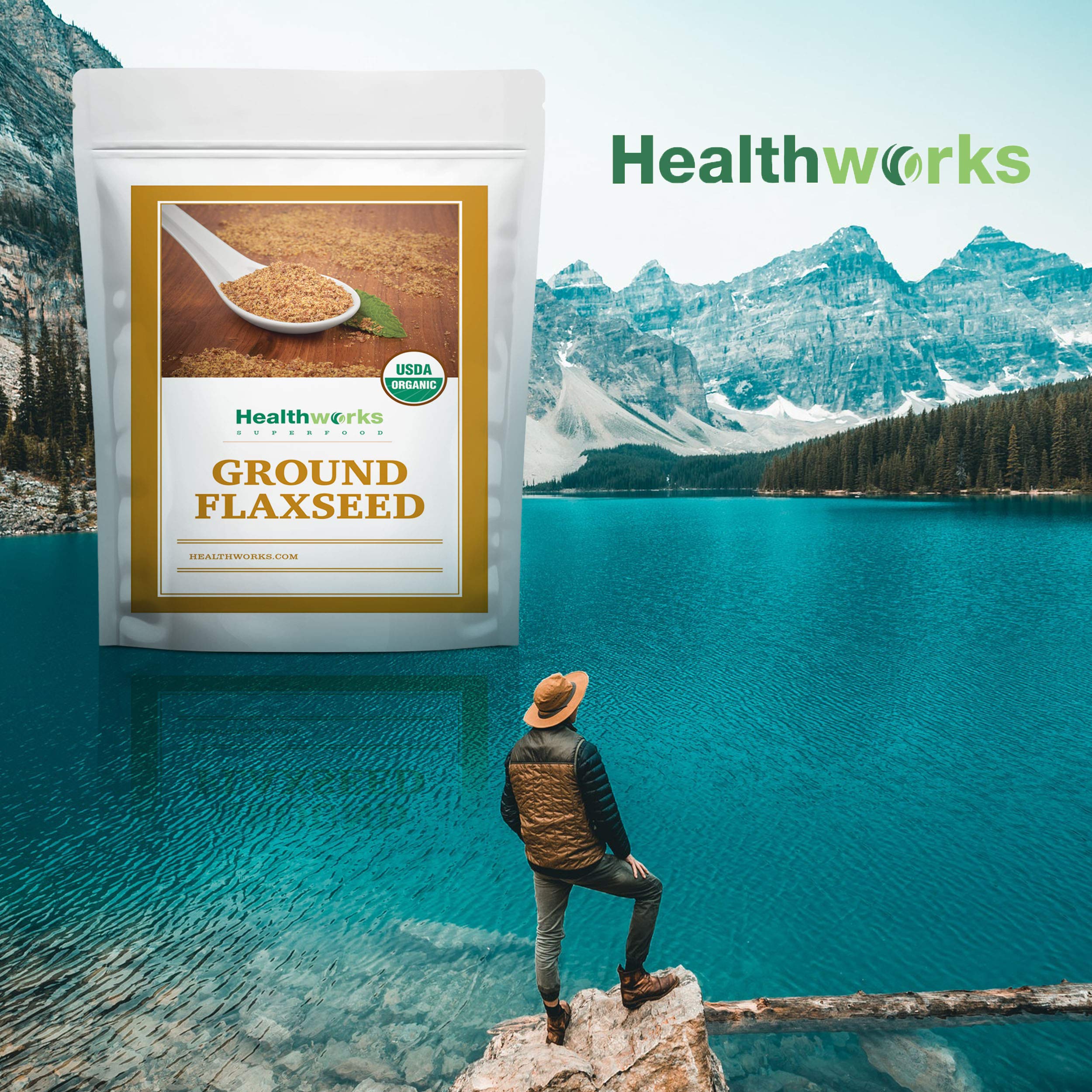 Healthworks Flax Seed Organic Powder scoop beside coffee.