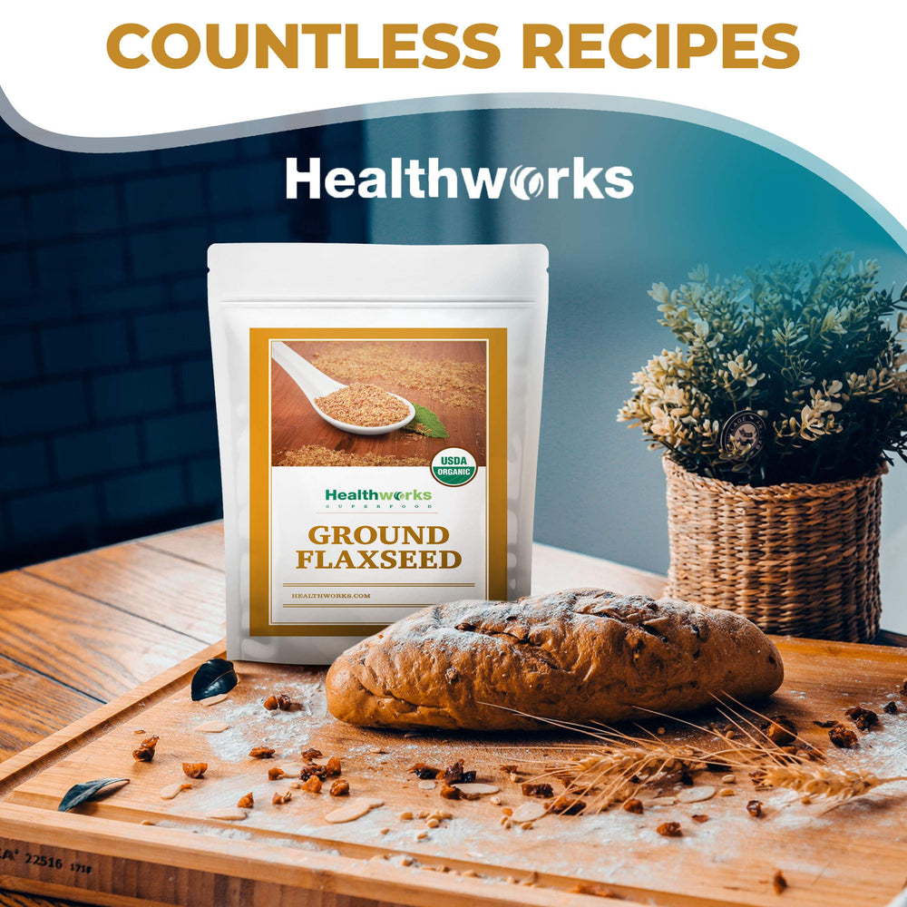Healthworks Flax Seed Organic Powder in a yogurt bowl.