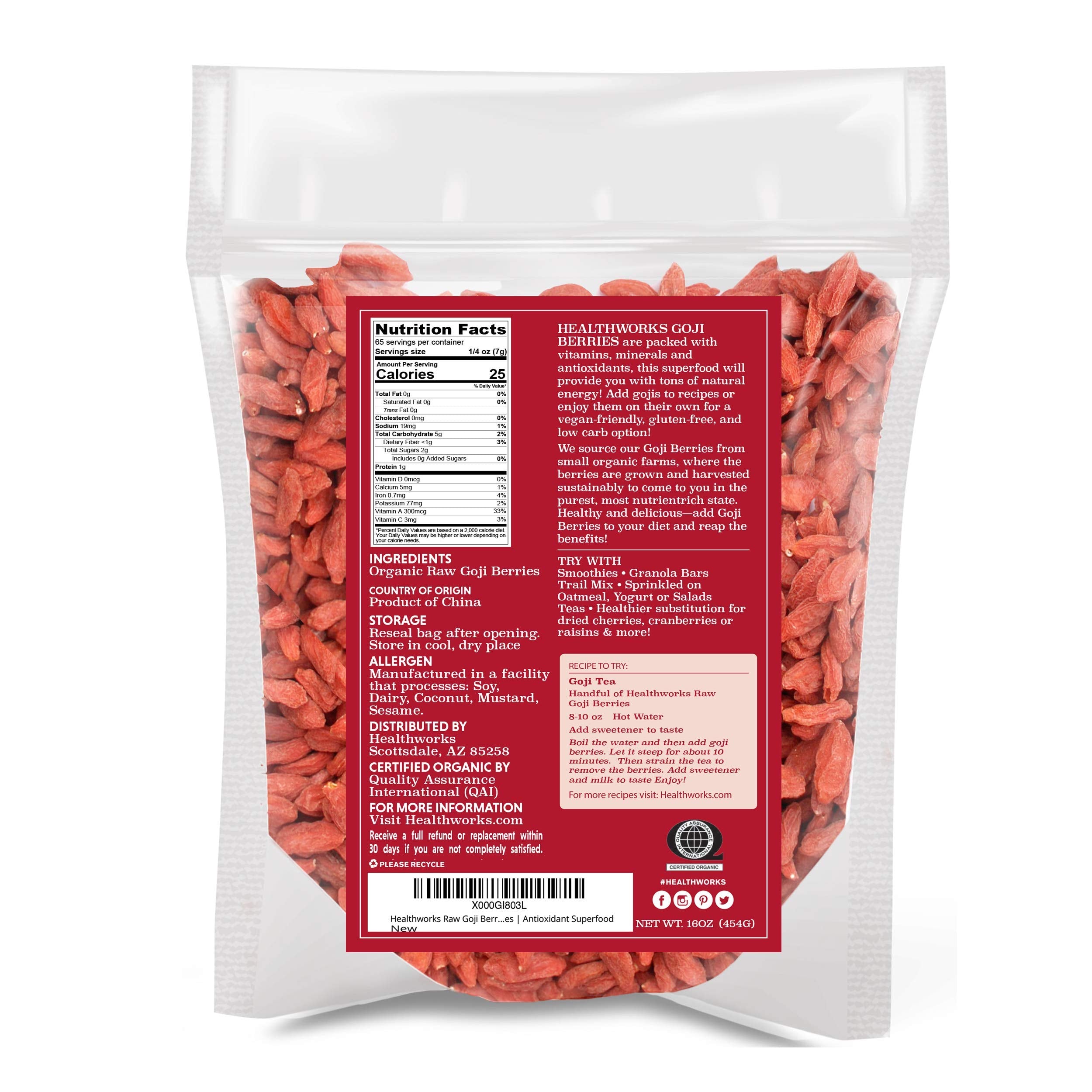 Healthworks Goji Berries closeup texture highlights chewy, sun-dried berries.
