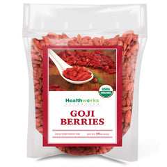 Healthworks Goji Berries pack front shows organic, nutrient-dense snack option.