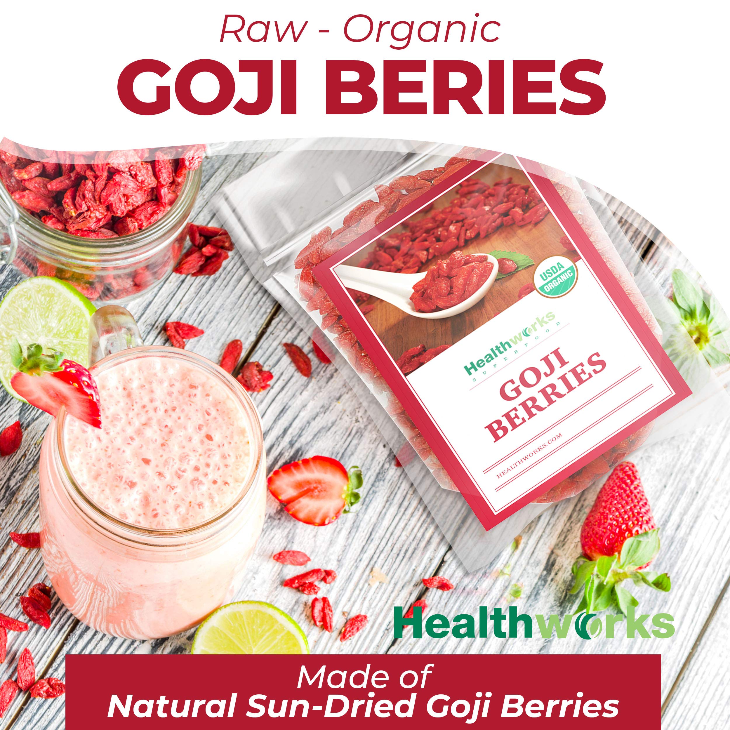 Healthworks Goji Berries blended into a smoothie for color and essential nutrients.