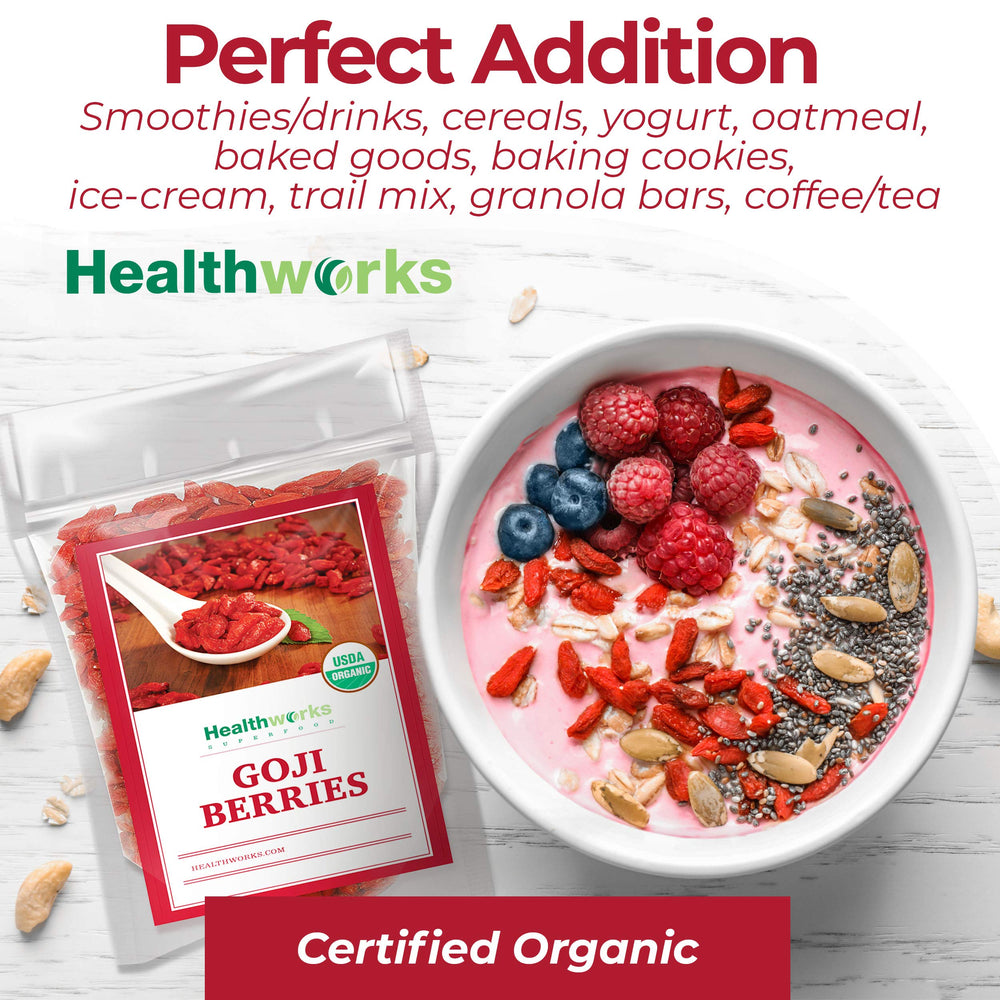 Healthworks Goji Berries stirred into yogurt or oatmeal for texture and natural sweetness.