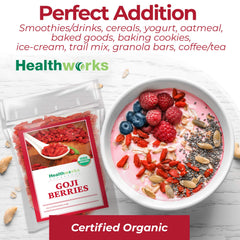 Healthworks Goji Berries stirred into yogurt or oatmeal for texture and natural sweetness.