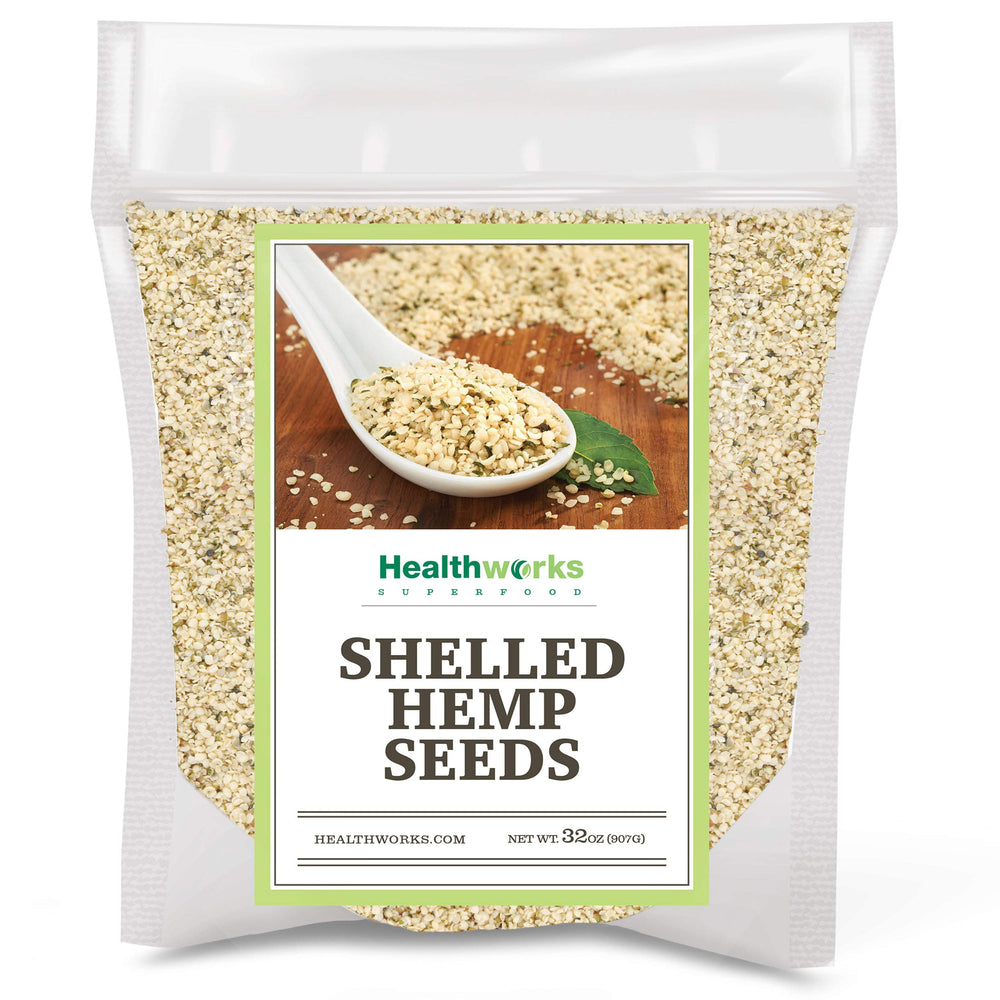 Healthworks hemp seeds shelled in Canadian packaging for raw nutrition.