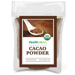 Healthworks Organic Cacao Powder jar open with a scoop for rich chocolate flavor.