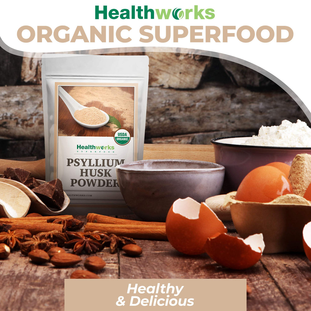 Healthworks Psyllium Husk Powder label close-up showing organic and non-GMO