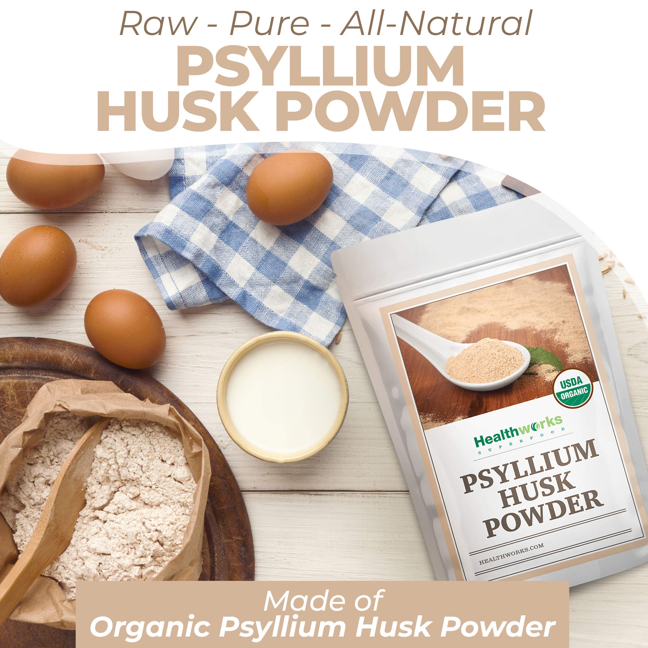 Healthworks Psyllium Husk Powder stirred into a glass of liquid