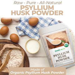 Healthworks Psyllium Husk Powder stirred into a glass of liquid