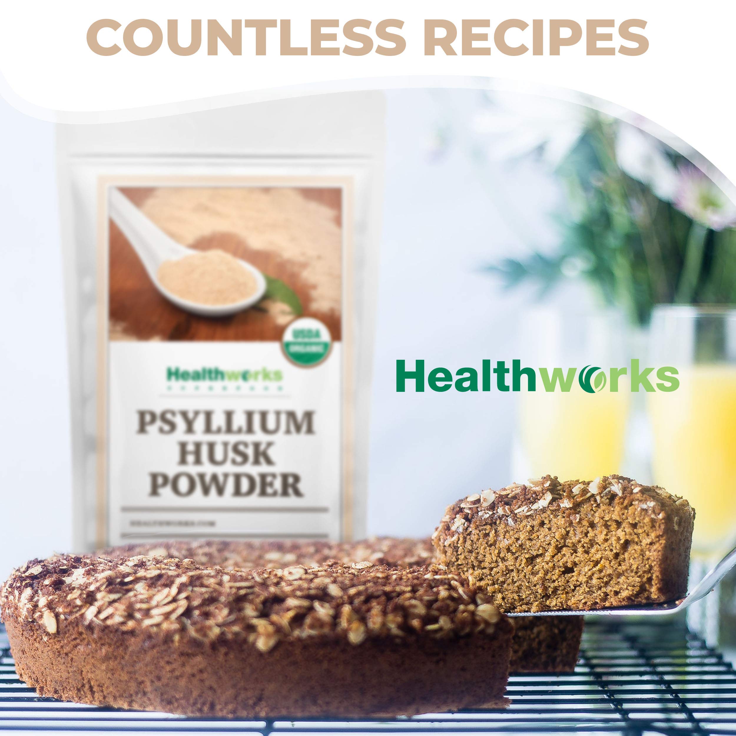 Healthworks Psyllium Husk Powder pouring into a glass with liquid