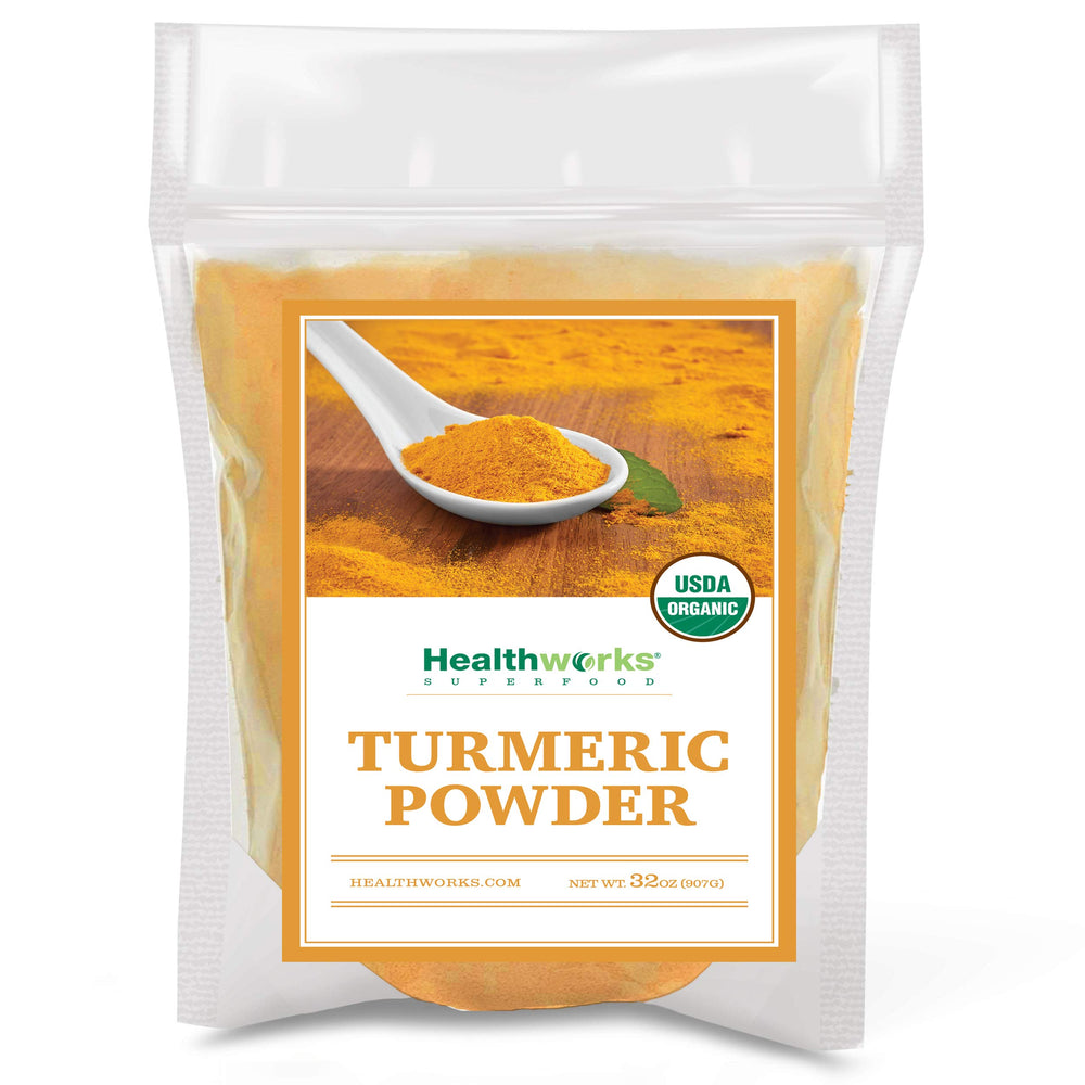 Healthworks Turmeric Powder bottle front with organic label, ideal for curries.