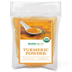 Healthworks Turmeric Powder bottle front with organic label, ideal for curries.