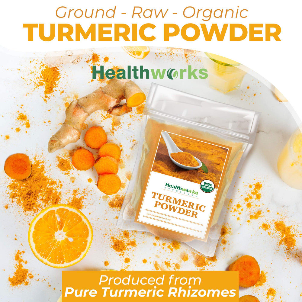 Healthworks Turmeric Powder close-up texture, finely ground for quick mixing.