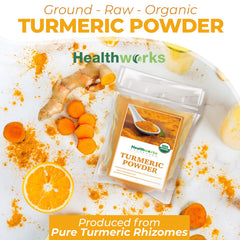 Healthworks Turmeric Powder close-up texture, finely ground for quick mixing.