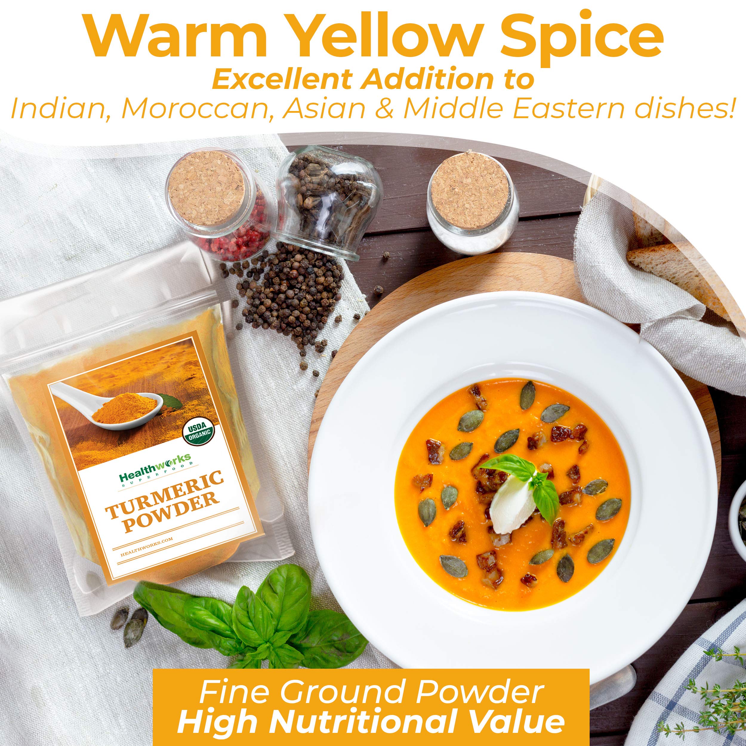 Healthworks Turmeric Powder color swatch, warm golden powder brighten veggie dishes.