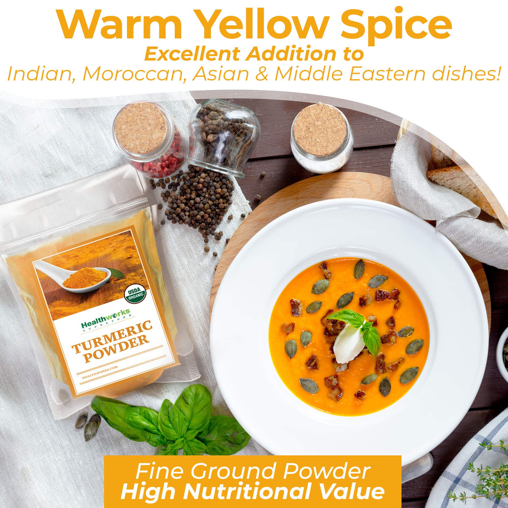 Healthworks Turmeric Powder color swatch, warm golden powder brighten veggie dishes.