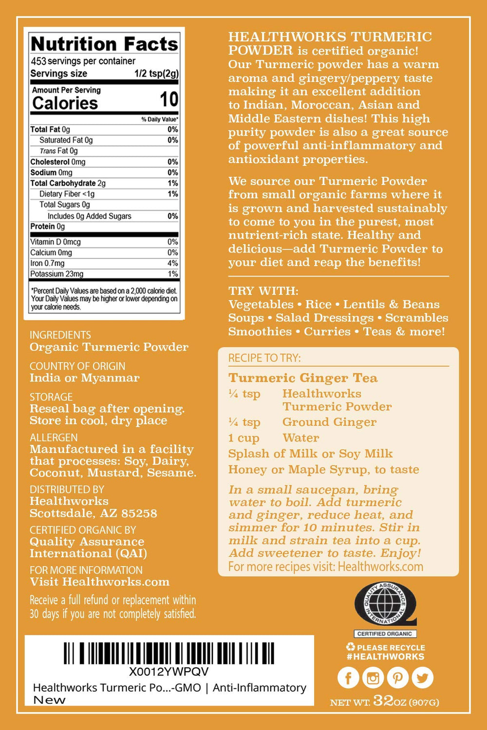 Healthworks Turmeric Powder jar pouring, vibrant orange hue for dressings and rice.