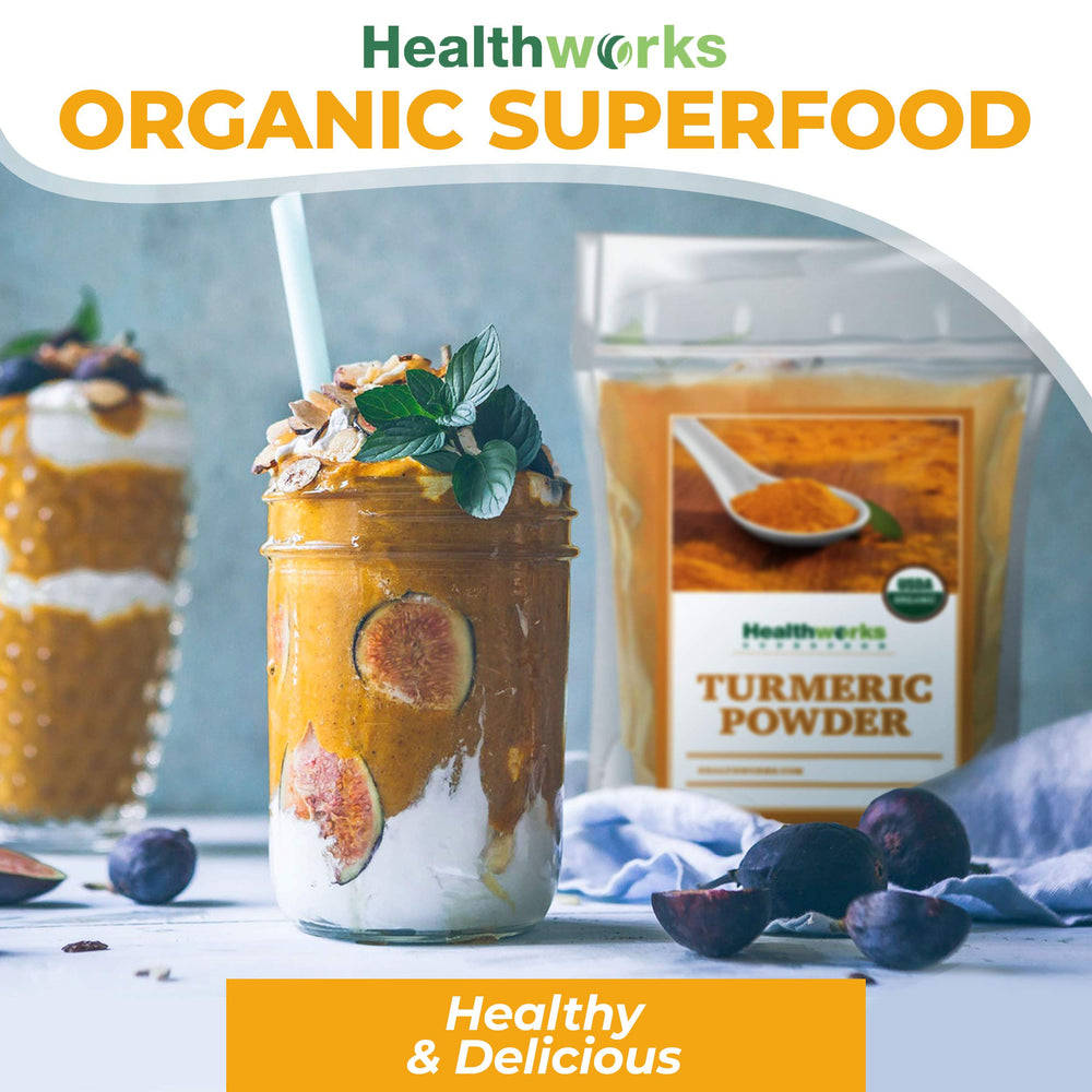Healthworks Turmeric Powder kitchen scene, fresh spice for Moroccan and Indian dishes.