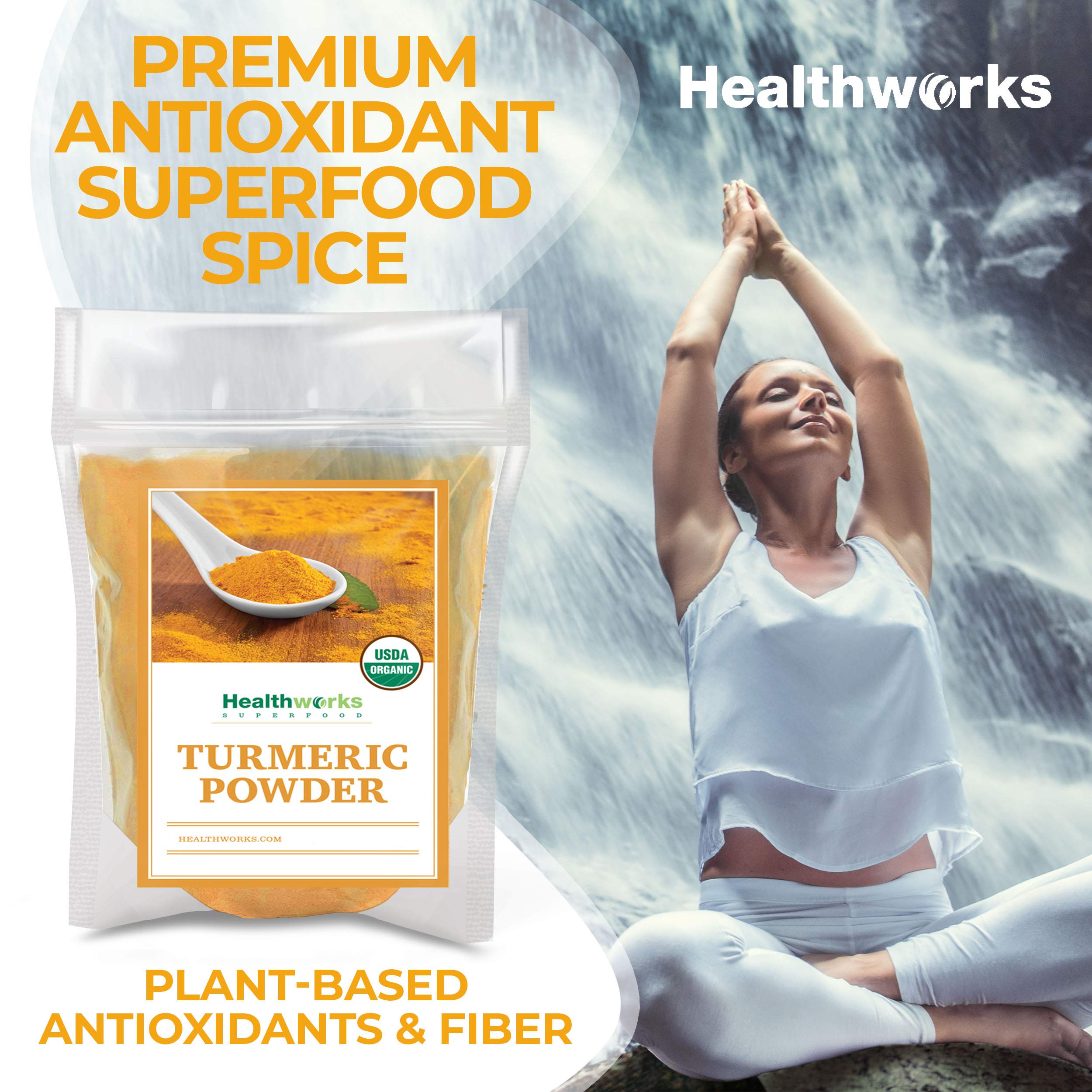 Healthworks Turmeric Powder organic seal, ideal for Paleo, Keto, vegan recipes.