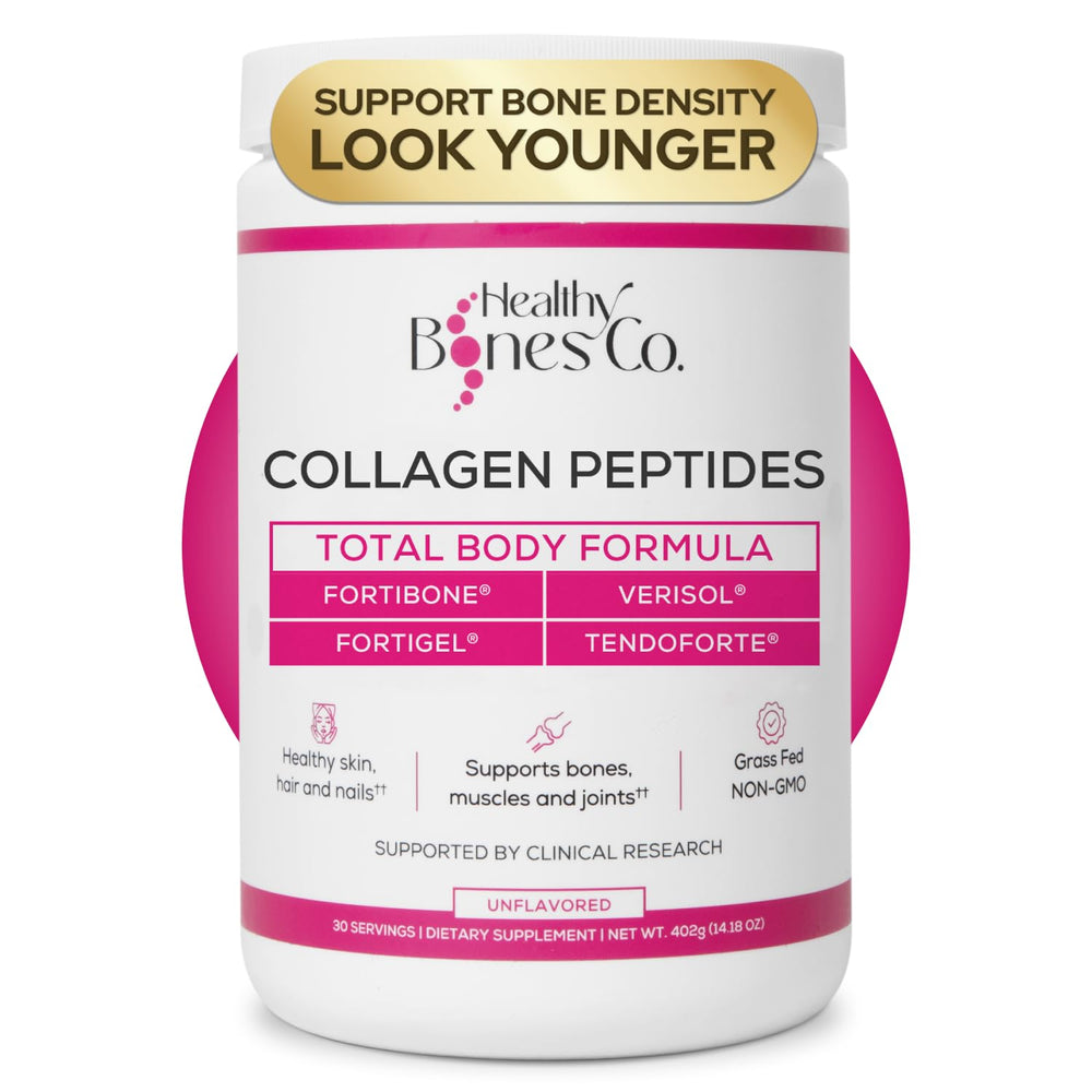 Healthy Bones Co. Fortibone bottle with scoop for daily collagen routine
