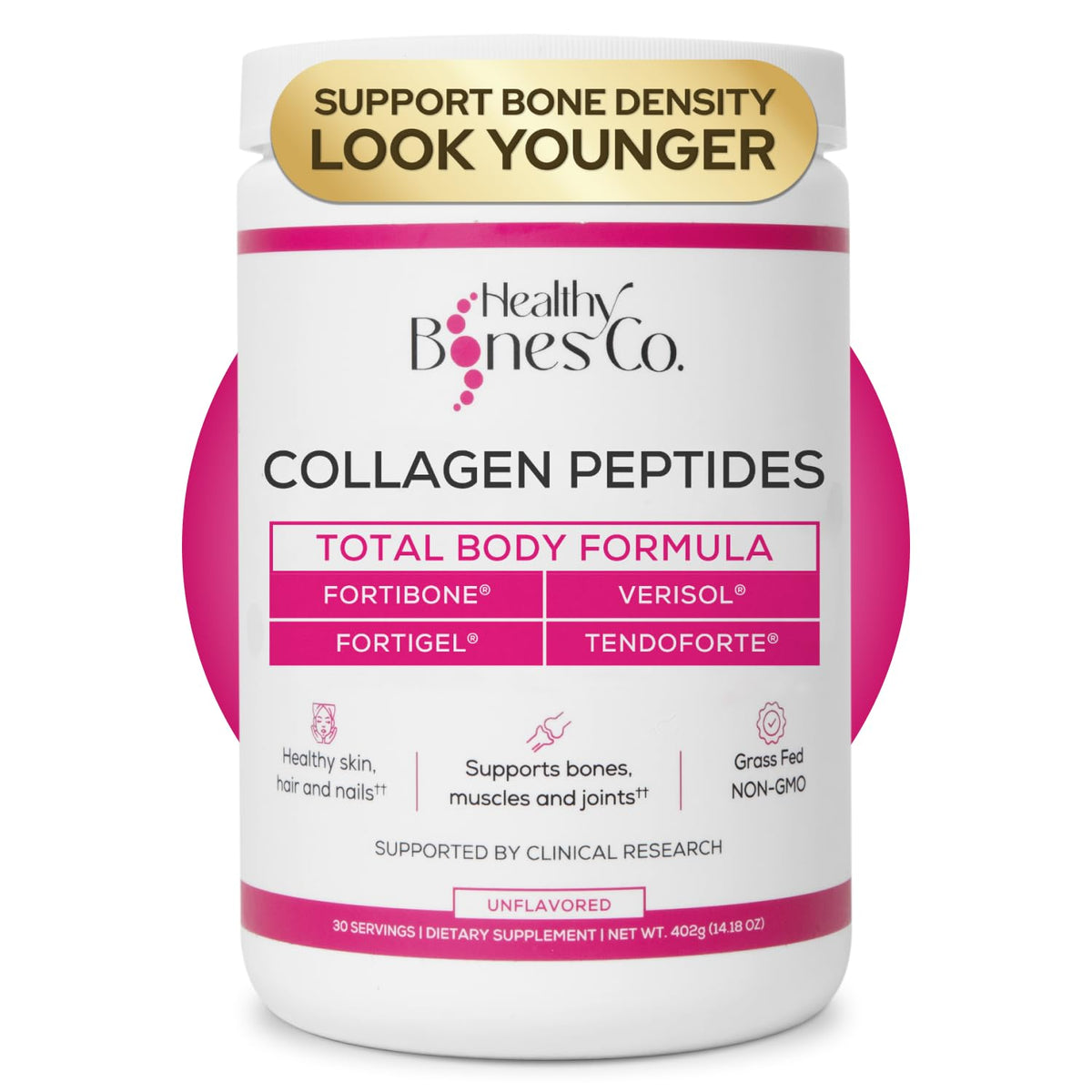 Healthy Bones Co. Fortibone bottle with scoop for daily collagen routine