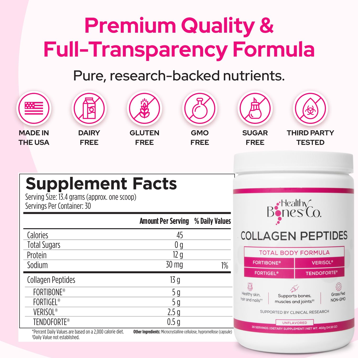 Fortibone label highlights Made in the USA and 30 servings