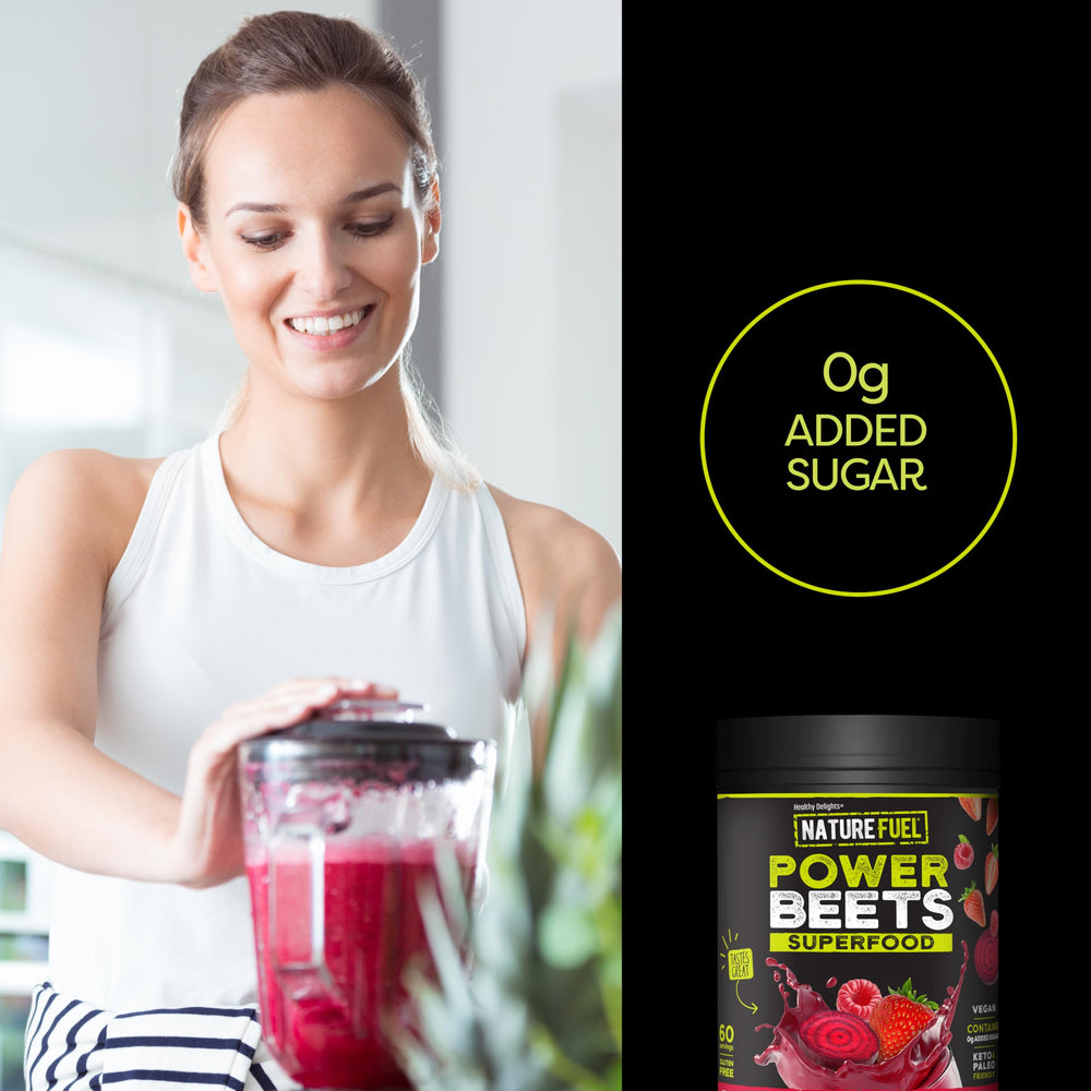 Healthy Delights Power Beets Powder glass with beverage shows natural energy boost