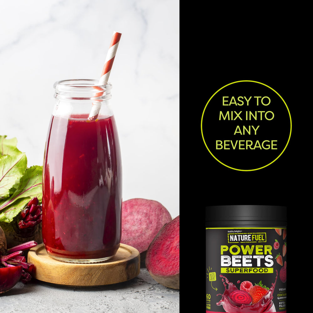 Healthy Delights Power Beets Powder mixing image shows easy daily integration