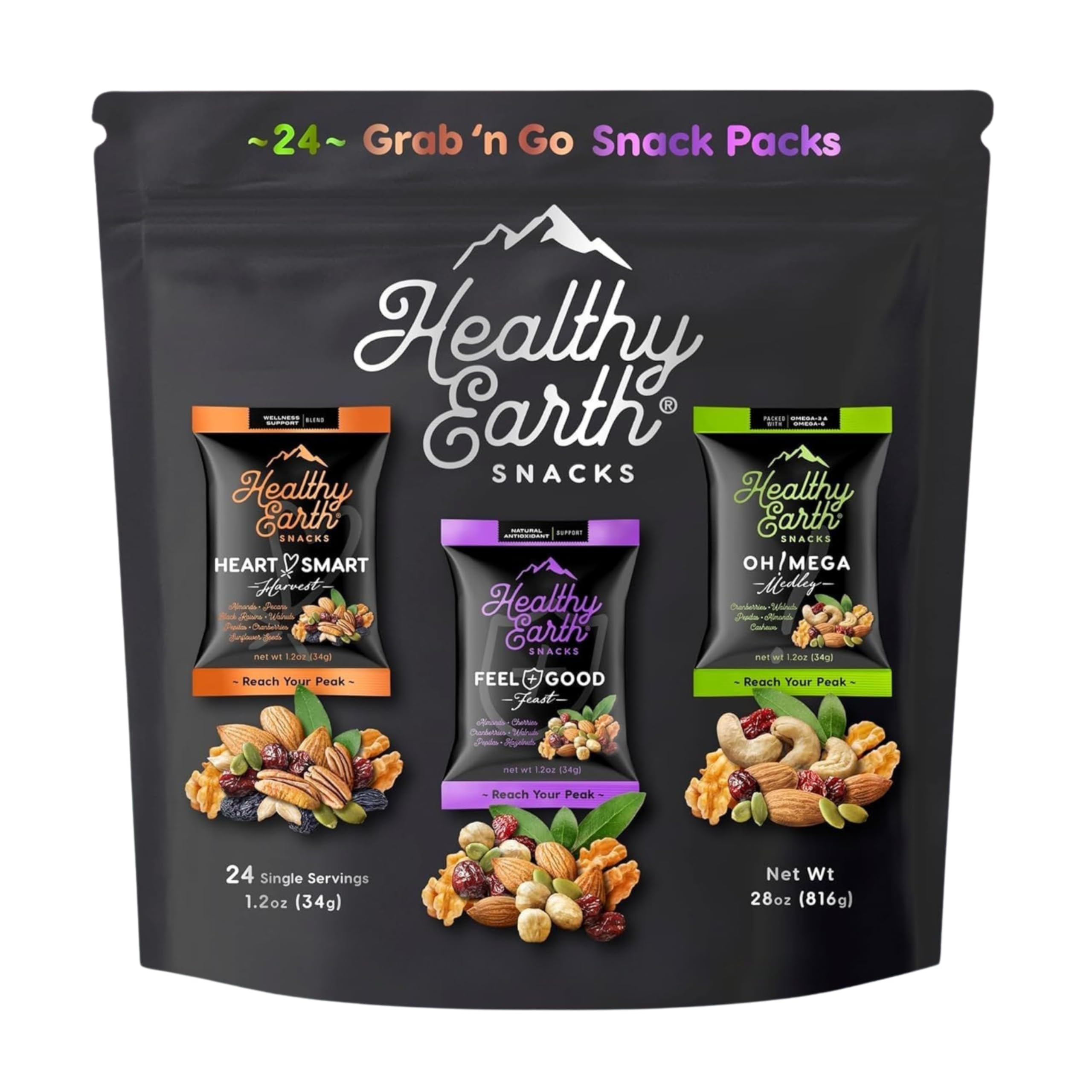 Healthy Earth Snacks Heart Smart Harvest pack display showcases variety for family-friendly snacking.