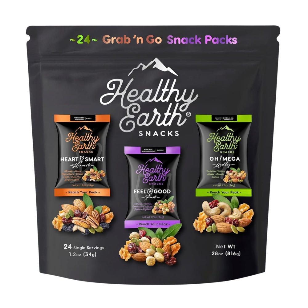 Healthy Earth Snacks Heart Smart Harvest pack display showcases variety for family-friendly snacking.