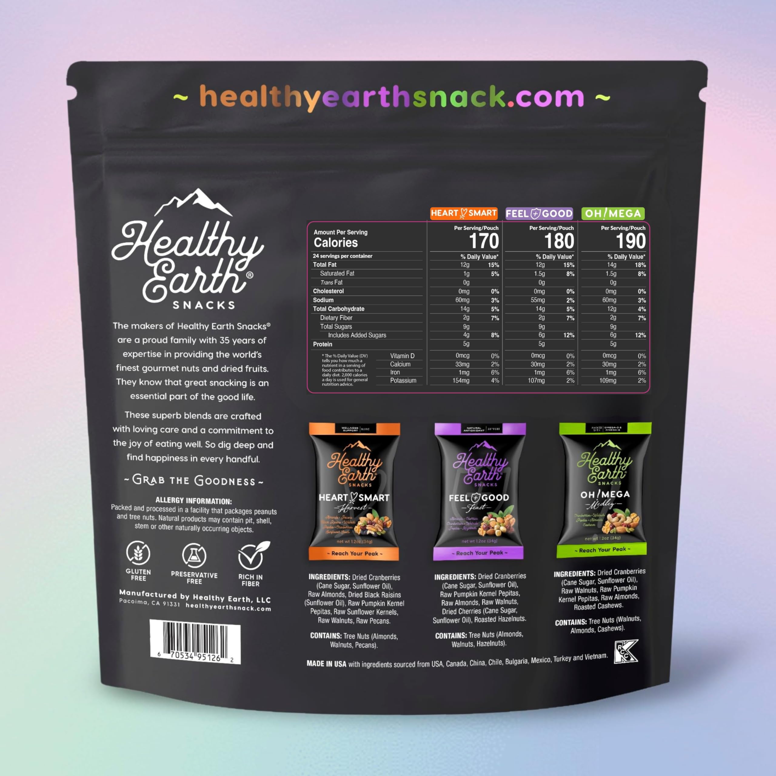 Healthy Earth Snacks Oh Mega Medley pack assembly shows premium blend ideal for travel.