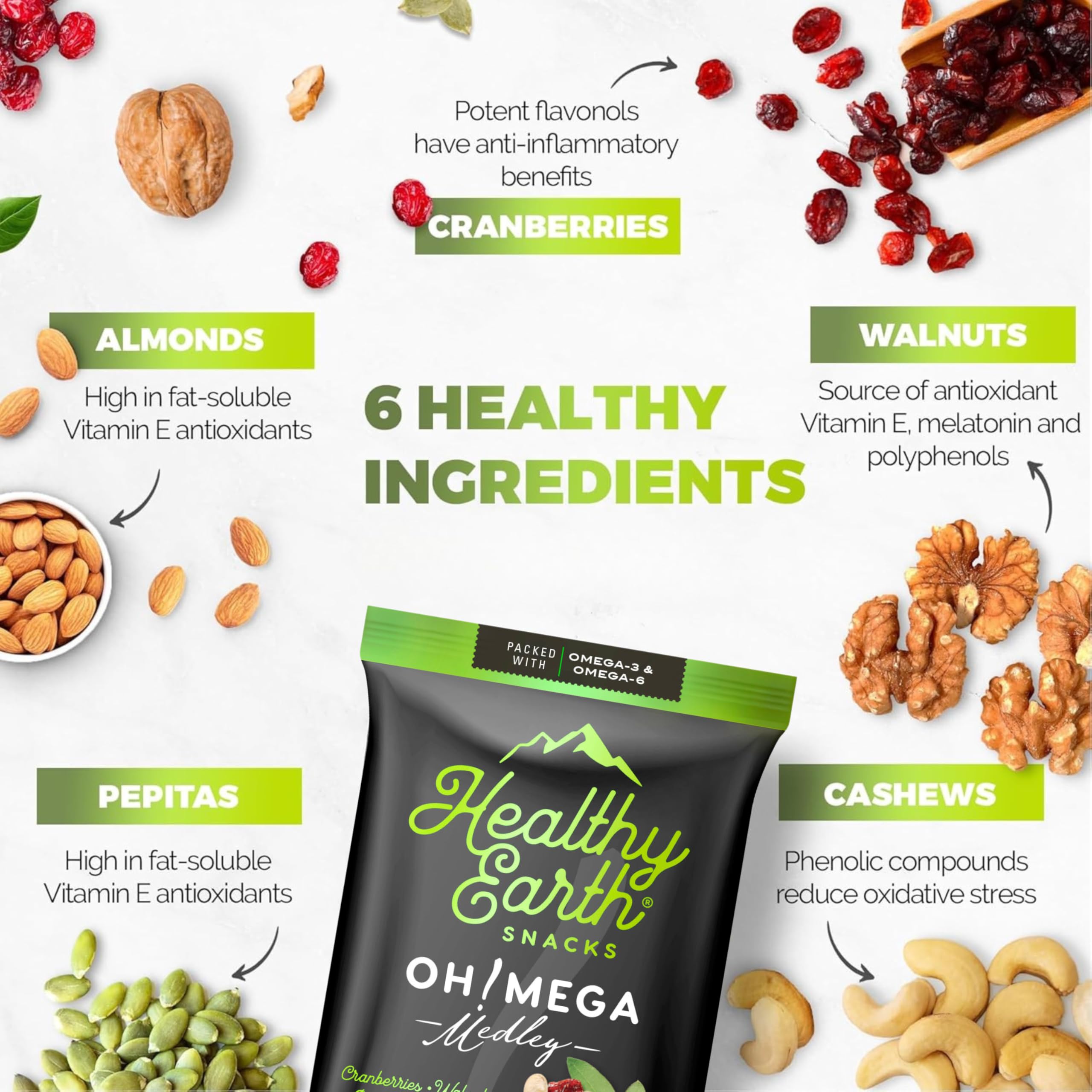 Healthy Earth Snacks world-sourced ingredients tag highlights sustainable, responsible sourcing.