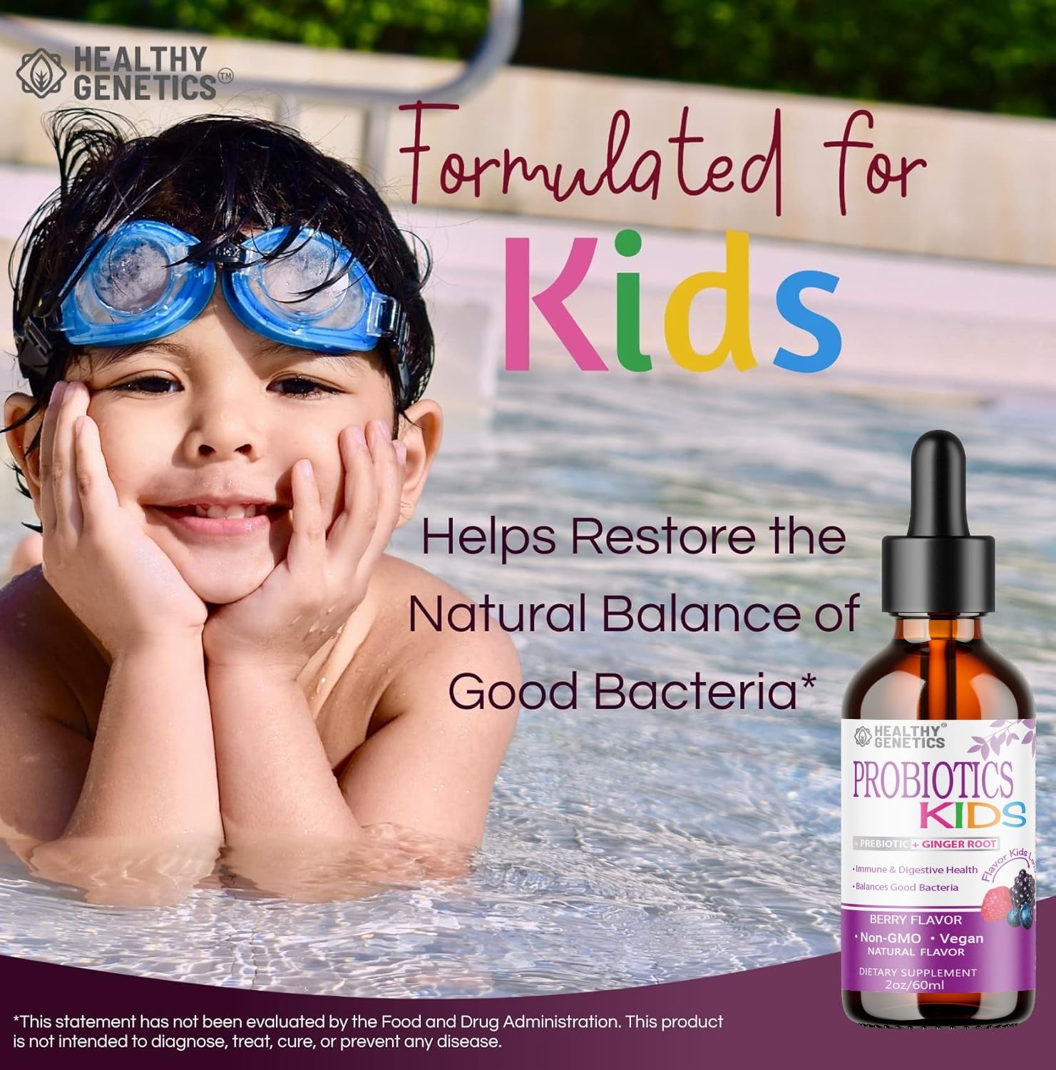 Dairy-free label on Healthy Genetics probiotic bottle emphasizing allergen-friendly formula