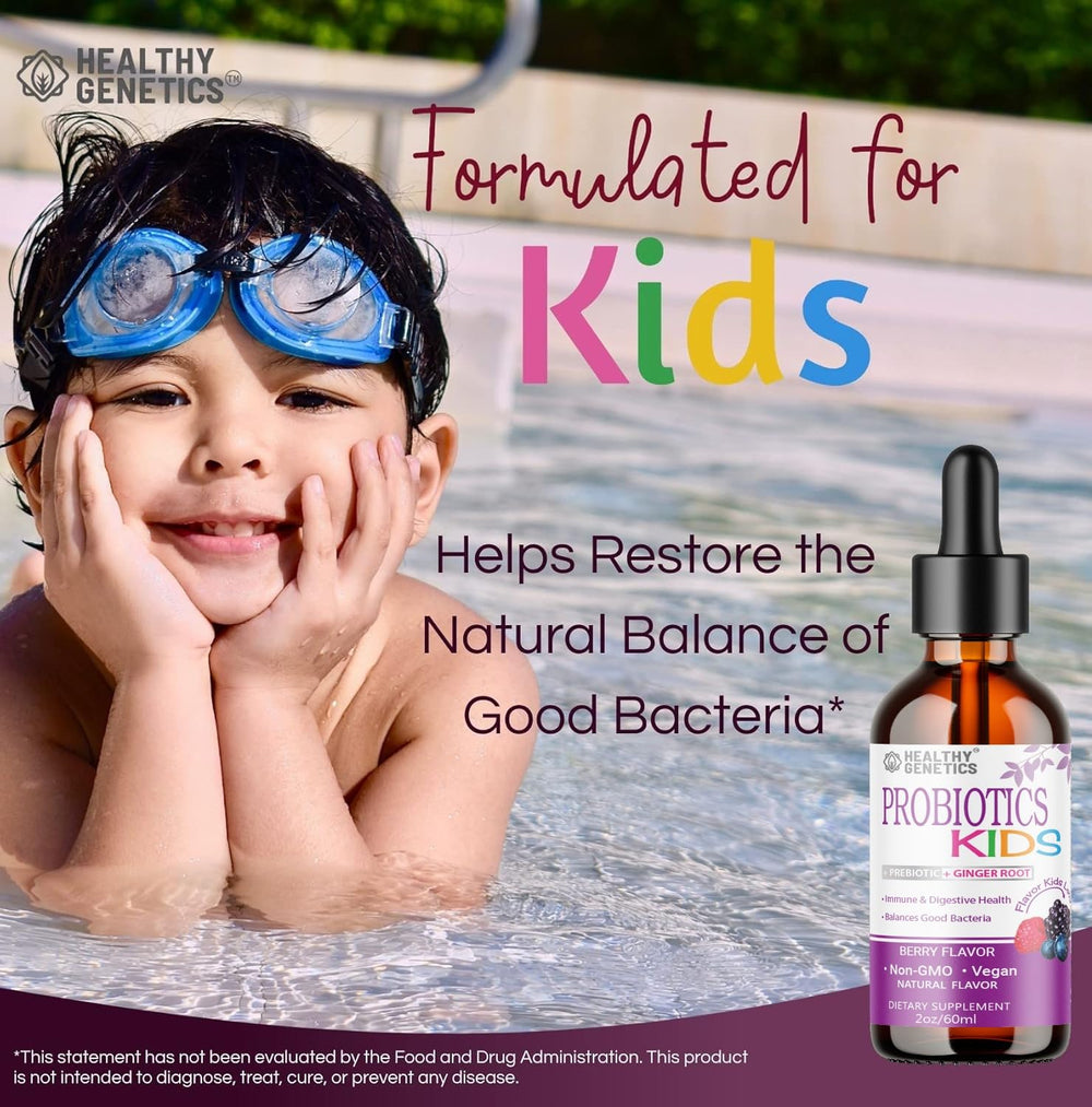 Dairy-free label on Healthy Genetics probiotic bottle emphasizing allergen-friendly formula