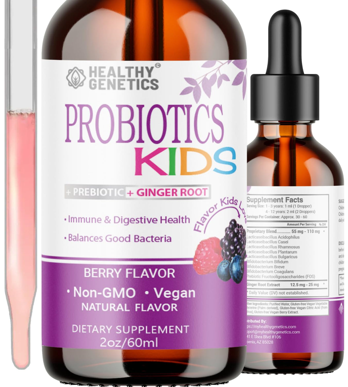 Healthy Genetics liquid probiotics bottle for kids showing user-friendly dosing and kid appeal