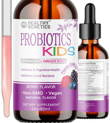 Healthy Genetics liquid probiotics bottle for kids showing user-friendly dosing and kid appeal