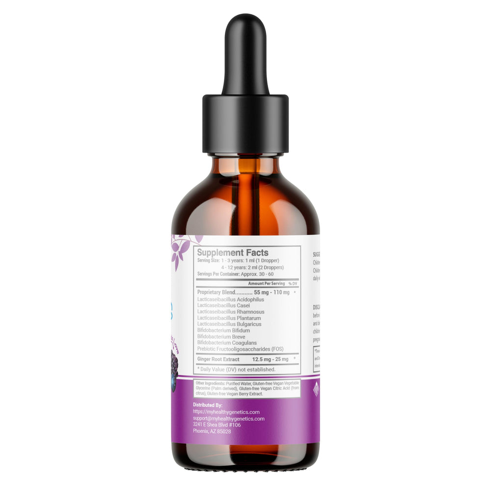 Made-in-USA badge on Healthy Genetics liquid probiotics packaging